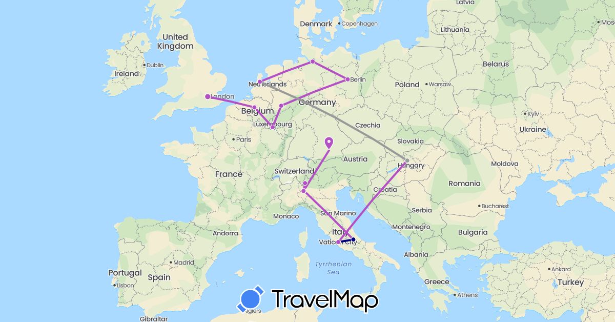 TravelMap itinerary: driving, plane, train in Belgium, Germany, United Kingdom, Hungary, Italy, Luxembourg, Netherlands (Europe)